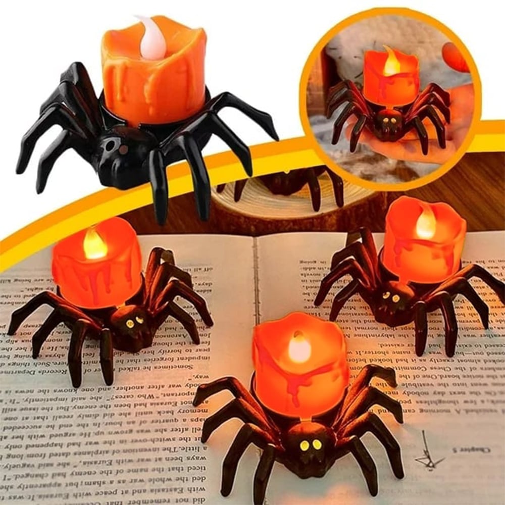 🏆2025 Halloween Hot Sale⚡Halloween LED Pumpkin Lamp with Creepy Spider - Flameless Flickering Candle Light for Home Decor